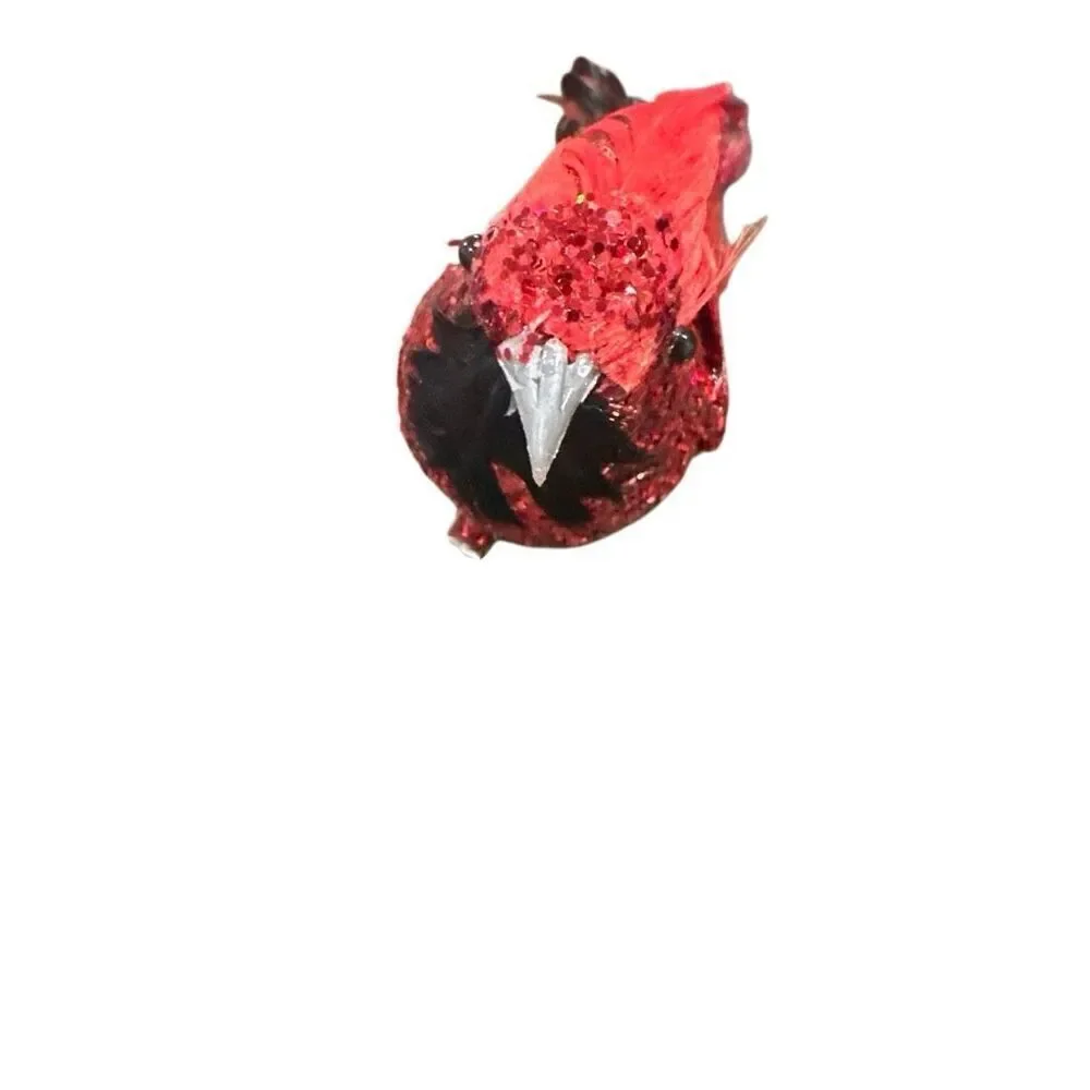 *NEW* 12 Beautiful red glitter clip on cardinal birds with feathers